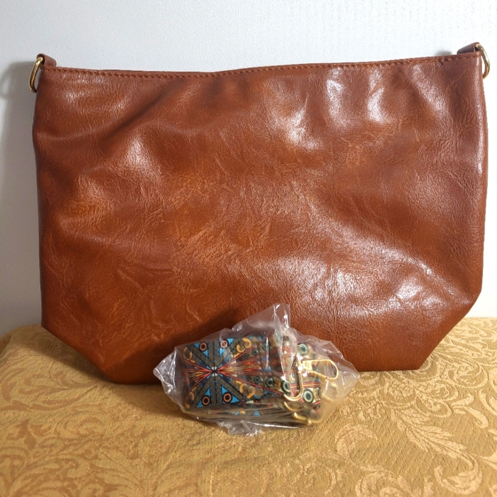 New In Bag brown purse with adjustable colorful strap  #2558